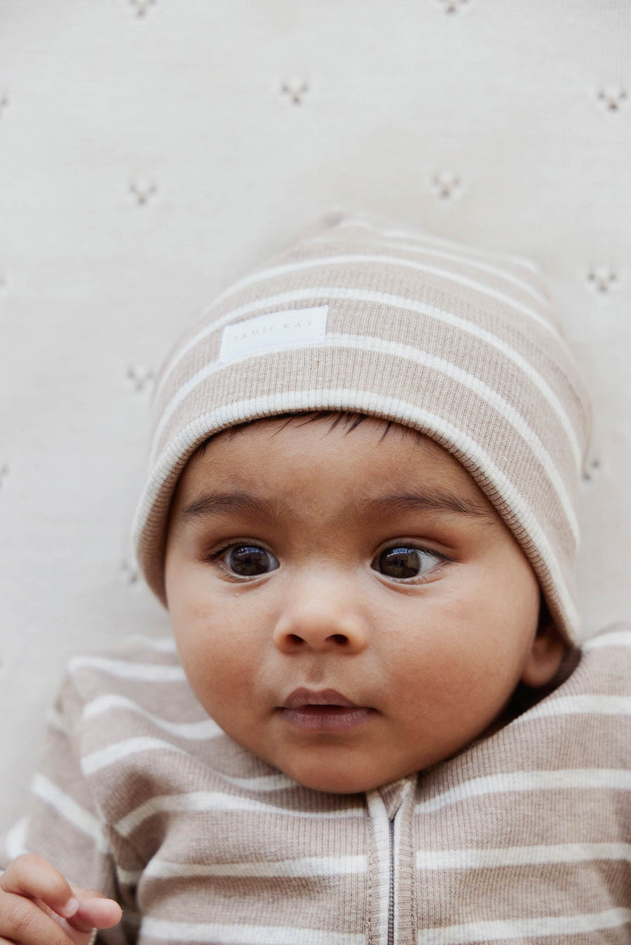 Organic Cotton Fine Rib Beanie - Elias Stripe Sable Marle Childrens Hat from Jamie Kay Australia