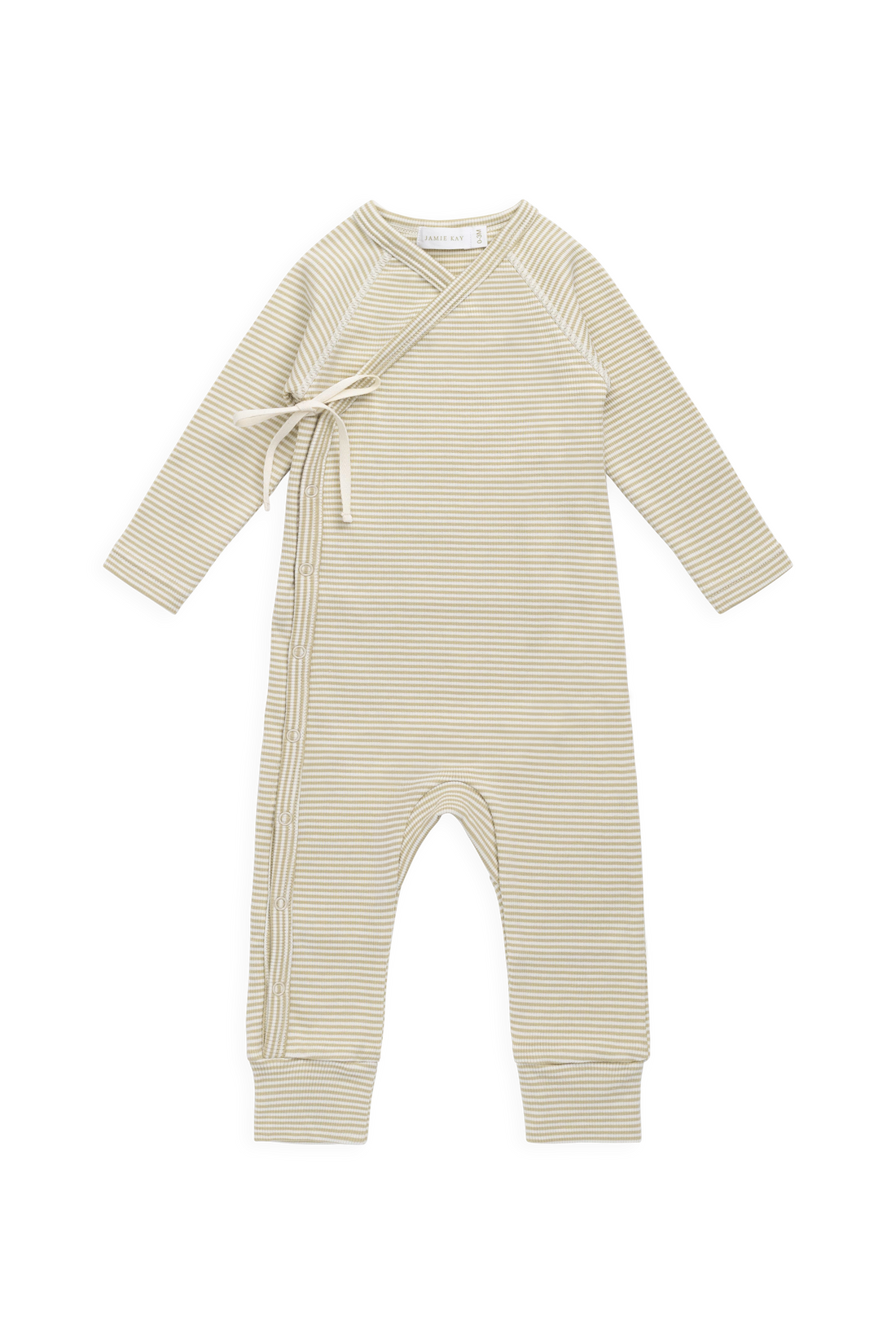 Organic Cotton Fine Rib Micah Wrap Onepiece - Petite Stripe Hay/Cloud Childrens Onepiece from Jamie Kay Australia