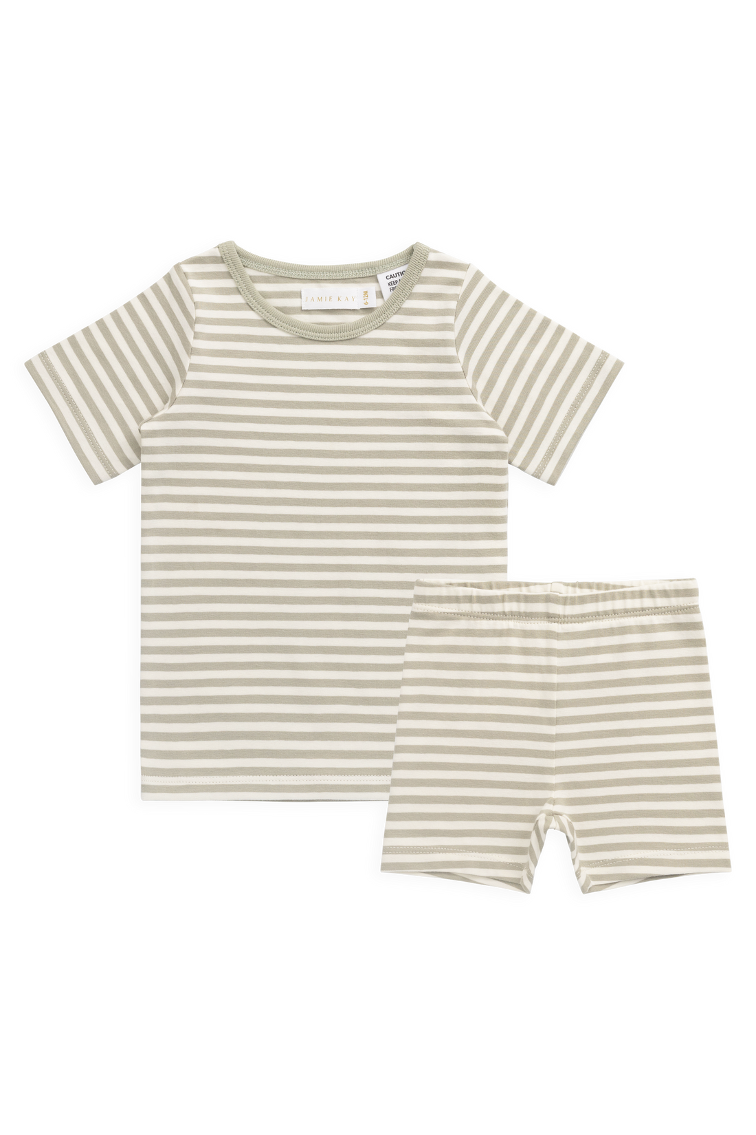 Organic Cotton Baker Short Sleeve Pyjama Set - Narrow Stripe Lichen/Cloud Childrens Pyjamas from Jamie Kay Australia