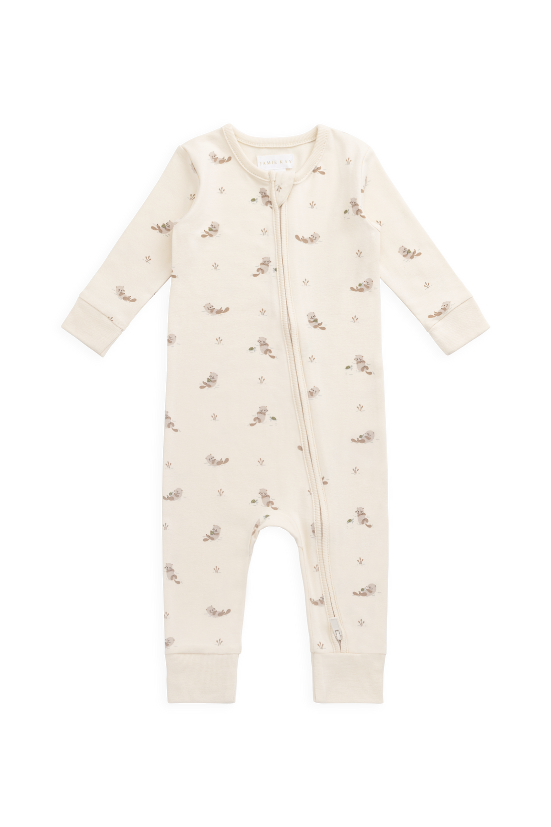 Organic Cotton Reese Zip Onepiece - Otter Buddies Tofu Childrens Onepiece from Jamie Kay Australia