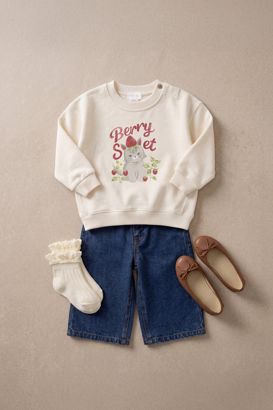 Organic Cotton Rhea Sweatshirt - Berry Cat Egret Childrens Sweatshirt from Jamie Kay Australia