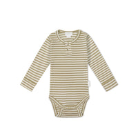 Organic Cotton Modal Long Sleeve Bodysuit - Narrow Stripe Balm/Cloud Childrens Bodysuit from Jamie Kay Australia