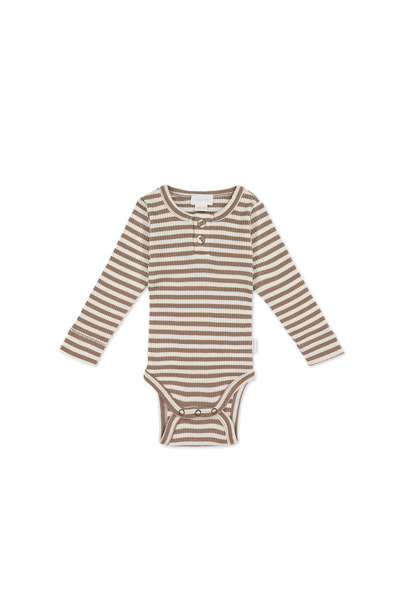 Organic Cotton Modal Long Sleeve Bodysuit - Narrow Stripe Tweed/Cloud Childrens Bodysuit from Jamie Kay Australia