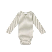 Organic Cotton Modal Long Sleeve Bodysuit - Narrow Stripe Moss/Cloud Childrens Bodysuit from Jamie Kay Australia