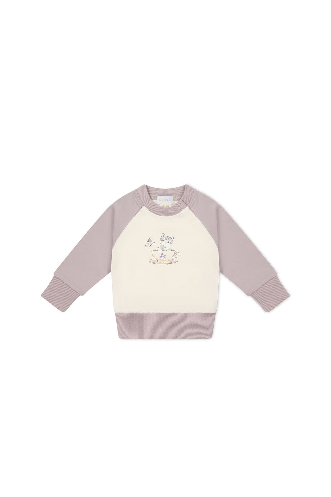 Organic Cotton Tao Sweatshirt - Parchment Kitty Teacup Lilac Childrens Top from Jamie Kay Australia