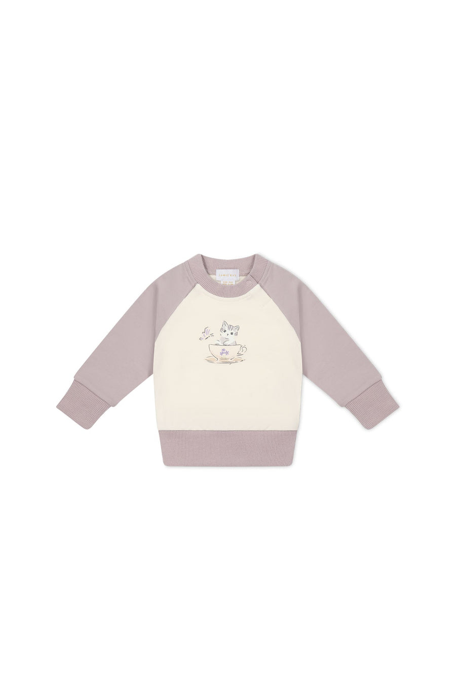 Organic Cotton Tao Sweatshirt - Parchment Kitty Teacup Lilac Childrens Top from Jamie Kay Australia