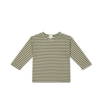 Pima Cotton Arnold Long Sleeve Top - Narrow Stripe Deep Olive/Soft Clay Childrens Top from Jamie Kay Australia