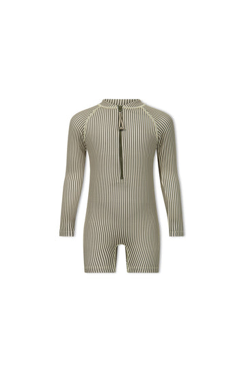 Rocco Suit - Fine Vertical Stripe Dark Olive Childrens Swimwear from Jamie Kay Australia