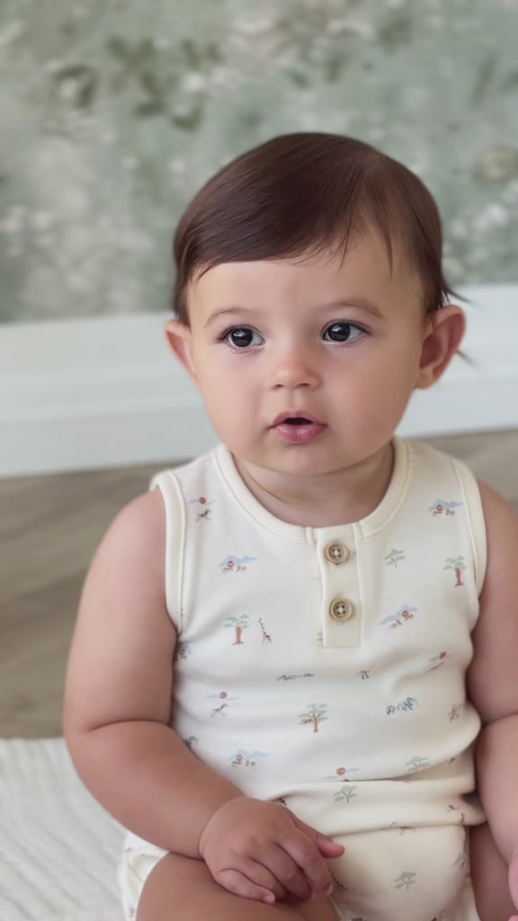 Organic Cotton Reese Zip Onepiece - Savannah Animals Tofu Childrens Onepiece from Jamie Kay Australia