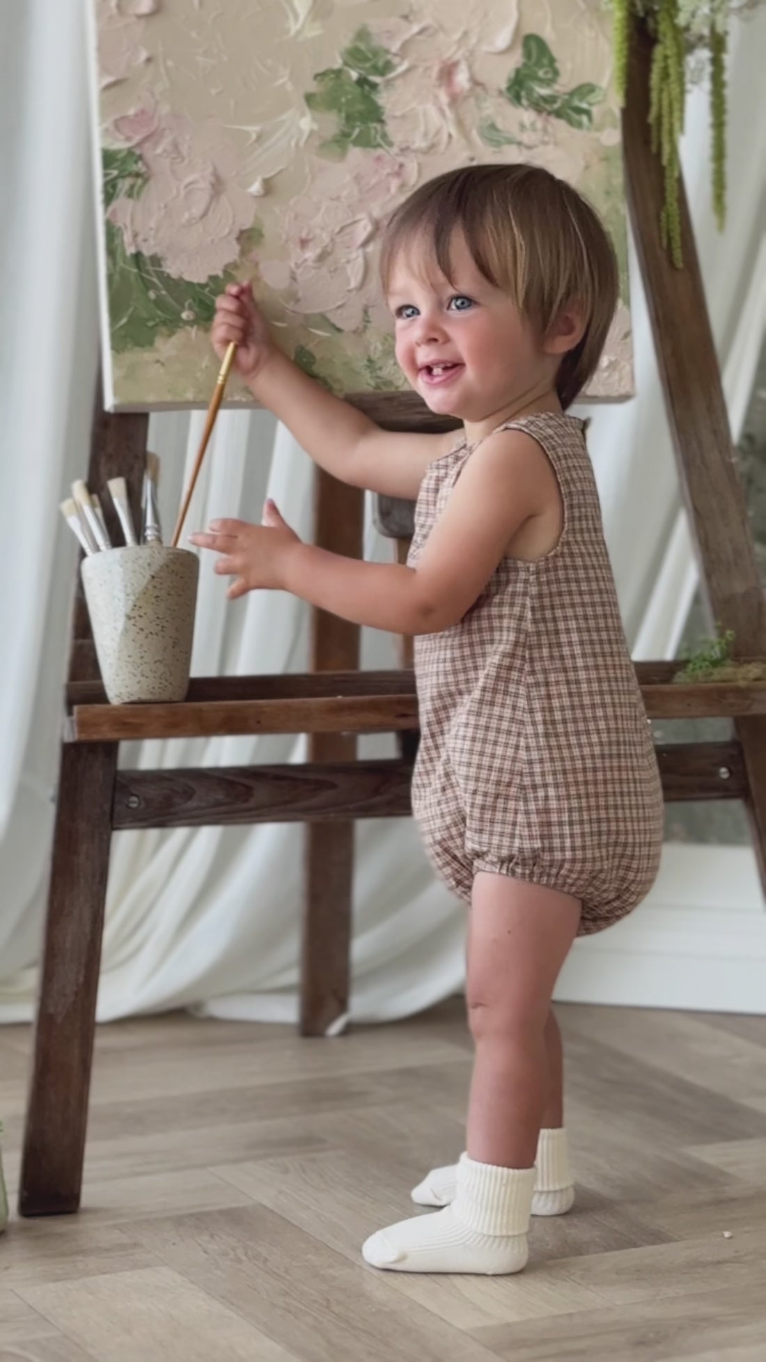 Organic Cotton Bentley Playsuit - Cabin Check Cocoa Childrens Playsuit from Jamie Kay Australia