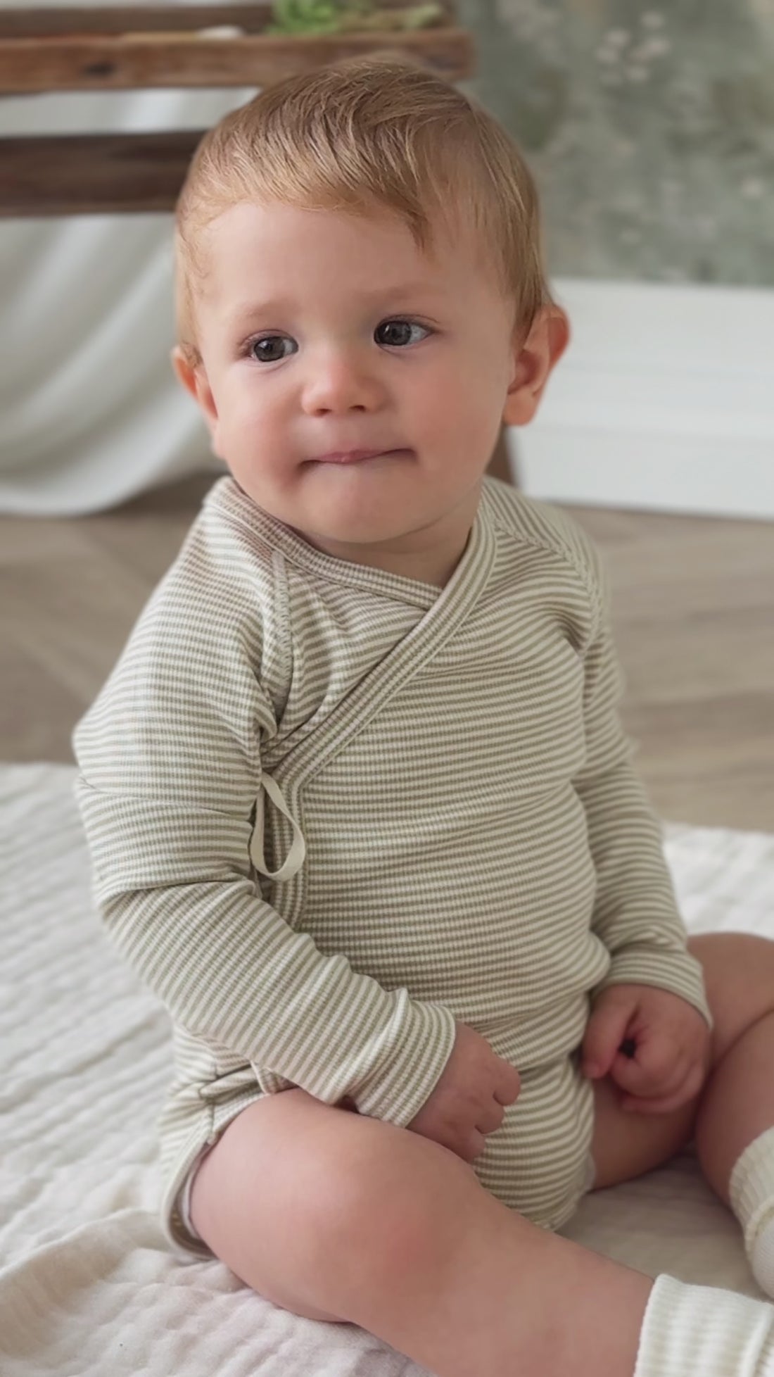 Organic Cotton Fine Rib Micah Short Sleeve Playsuit - Petite Stripe Hay/Cloud Childrens Playsuit from Jamie Kay Australia