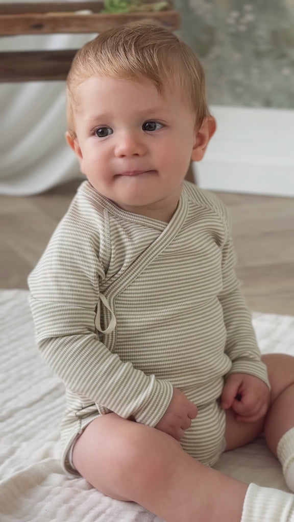 Organic Cotton Fine Rib Micah Short Sleeve Playsuit - Petite Stripe Hay/Cloud Childrens Playsuit from Jamie Kay Australia