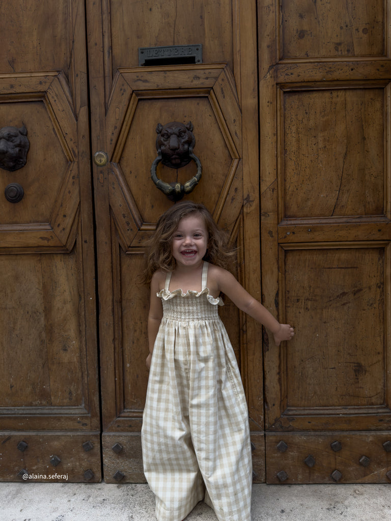 Organic Cotton Arabella Jumpsuit - Gingham Pale Khaki Childrens Jumpsuit from Jamie Kay Australia