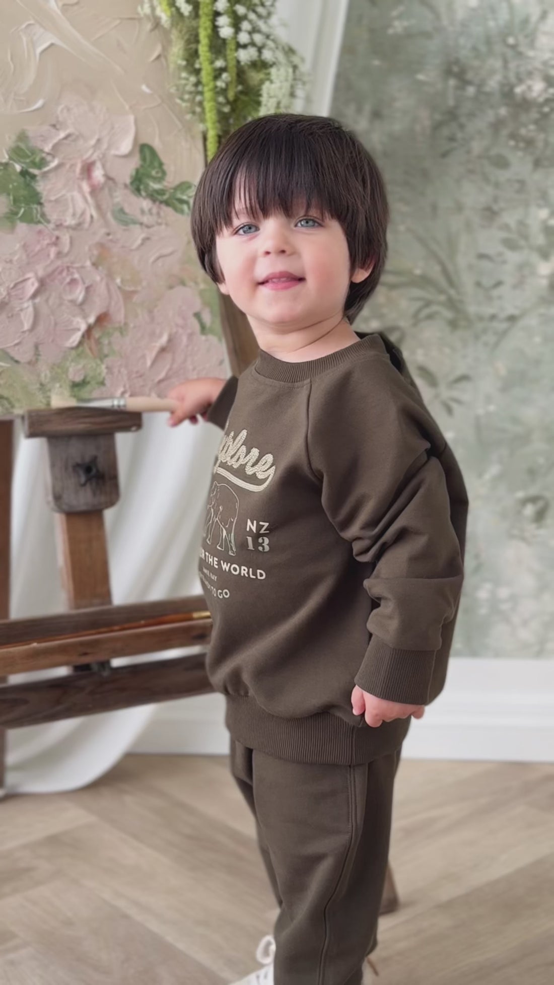 Organic Cotton Duncan Sweatshirt - Deep Olive Elephant Explore Childrens Sweatshirt from Jamie Kay Australia